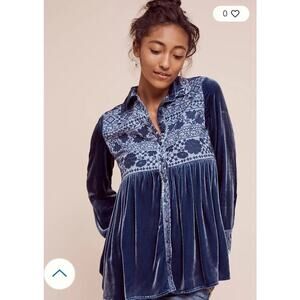 Blue Tassel Boho Velvet Tunic Shirt Embroidered Button Front Oversized Sz M